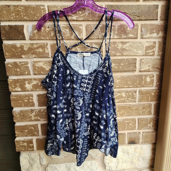 We The Free Hey Girl Cotton Boho Tank Top Blue and White Small - Picture 3 of 6